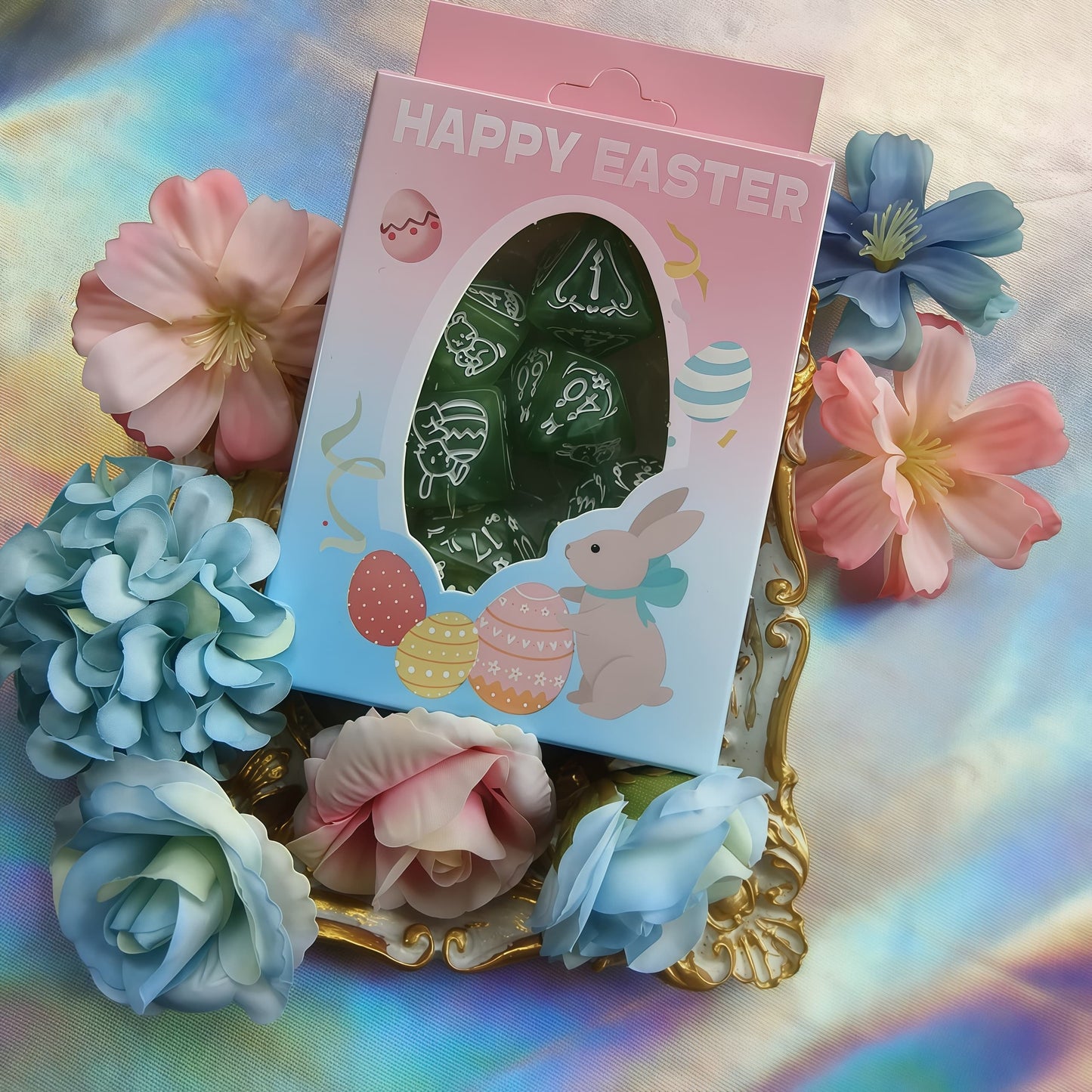 Acrylic Dice Easter Bunny & Eggs Design Polyhedral DnD D&D Dice Set