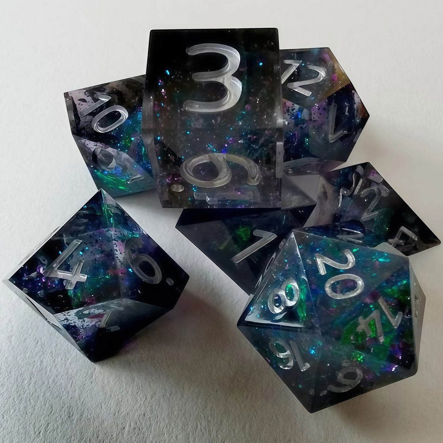 Resin Dice Sharp Edge Rainbow Foil DnD D&D Dice Set