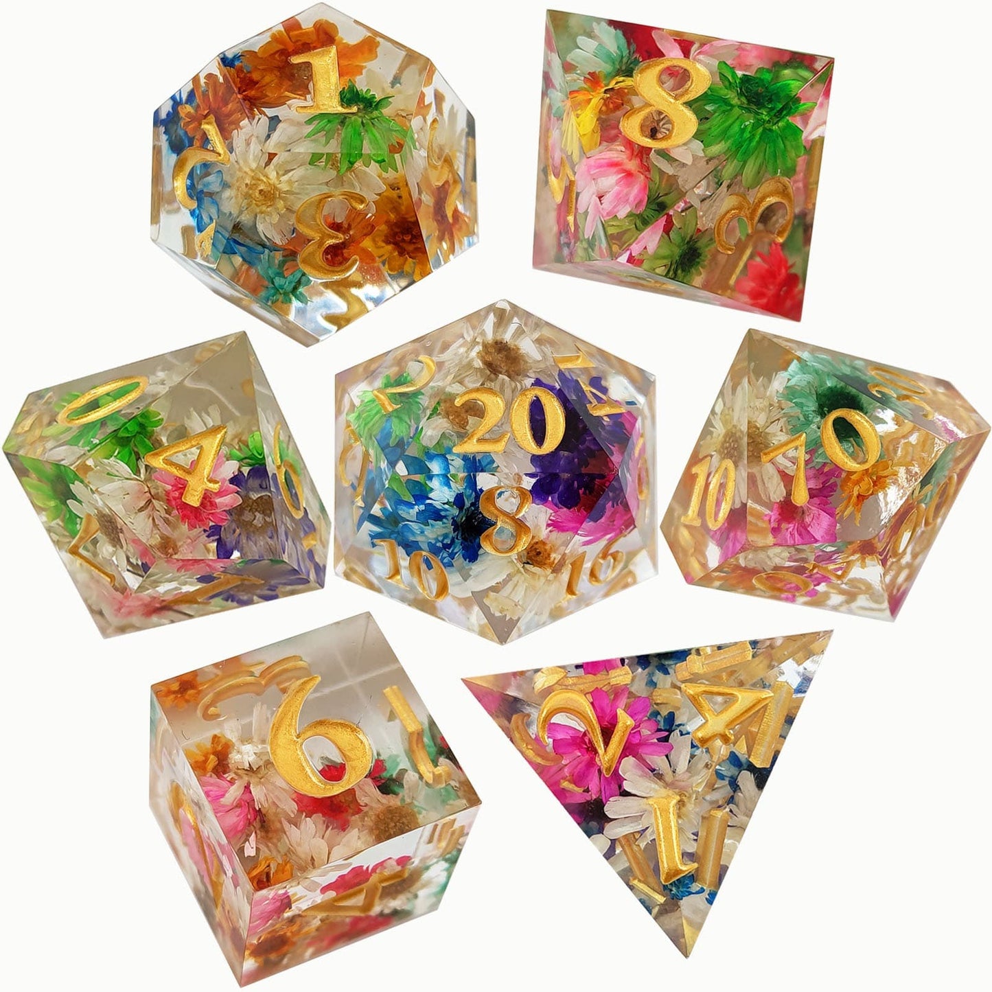 Resin Dice Colorful Transparent Floral Polyhedral DnD D&D Dice Set