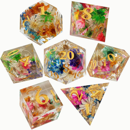 Resin Dice Colorful Transparent Floral Polyhedral DnD D&D Dice Set