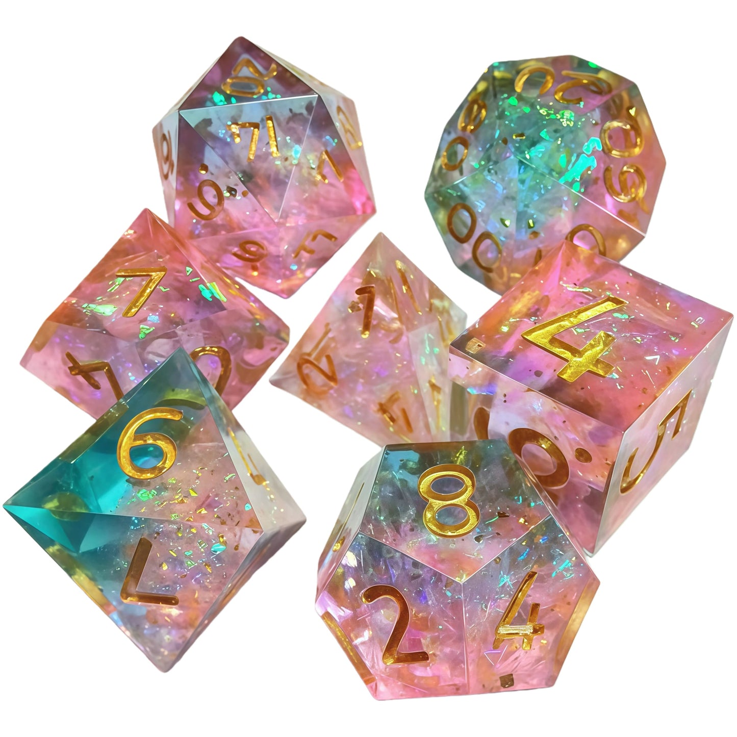 Resin Dice Transparent Two-Tone Pink/Blue Dice with Iridescent Coating and Sharp Edges DnD D&D Dice Set
