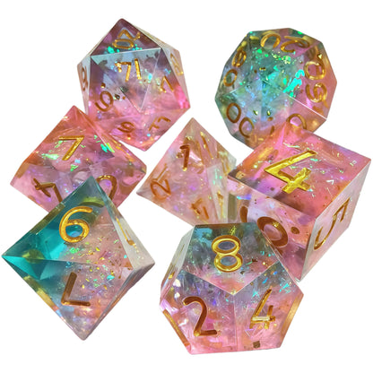 Resin Dice Transparent Two-Tone Pink/Blue Dice with Iridescent Coating and Sharp Edges DnD D&D Dice Set