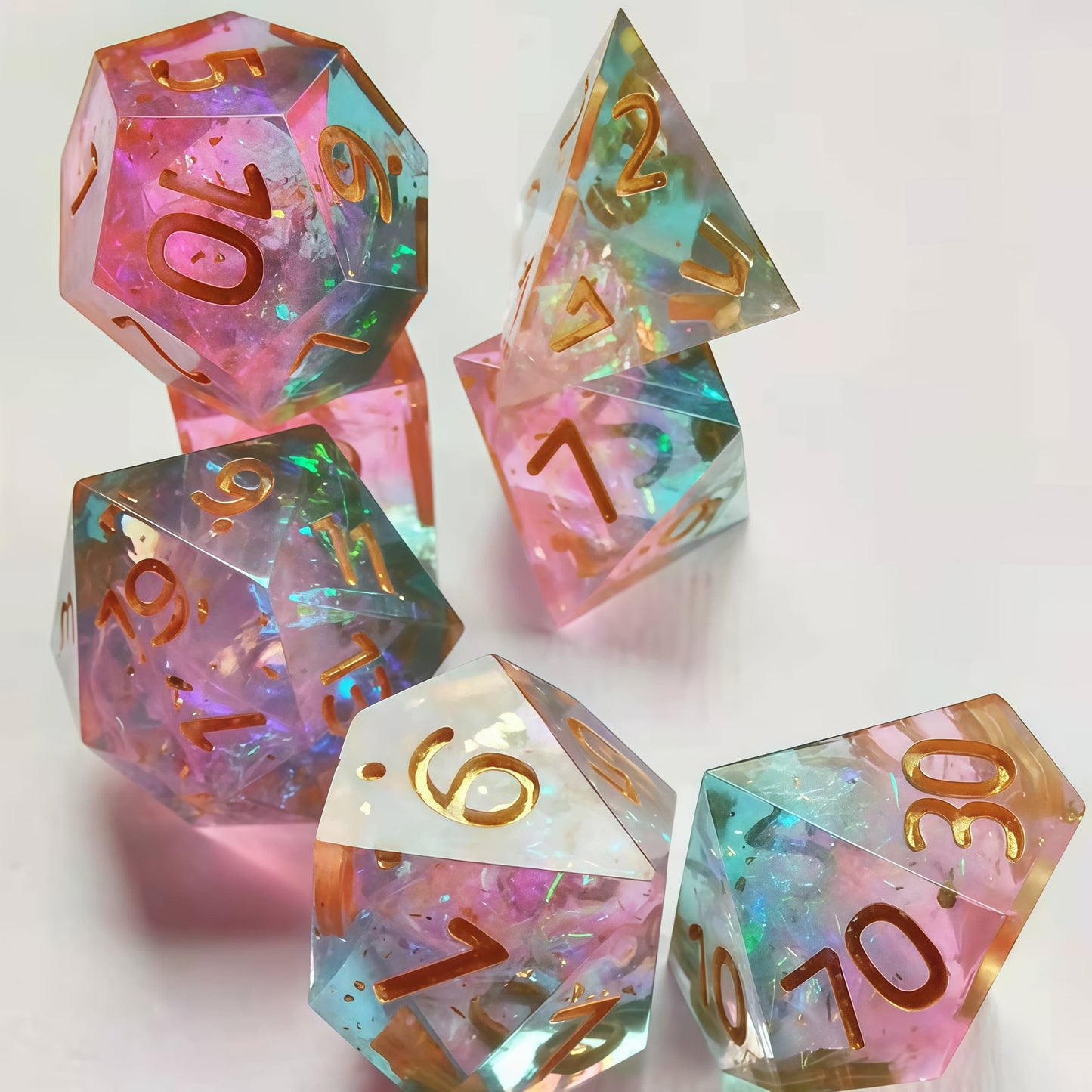 Resin Dice Transparent Two-Tone Pink/Blue Dice with Iridescent Coating and Sharp Edges DnD D&D Dice Set