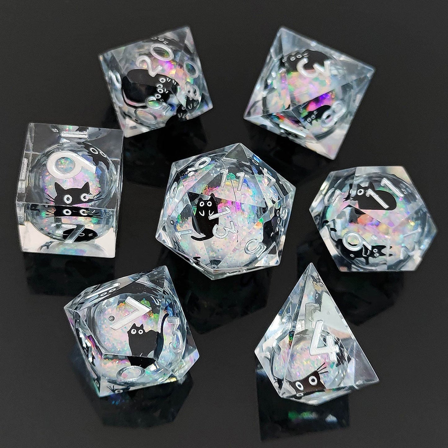 Resin Dice Resin Liquid Core Dice with Cat-Shaped Glitter DnD D&D Dice Set