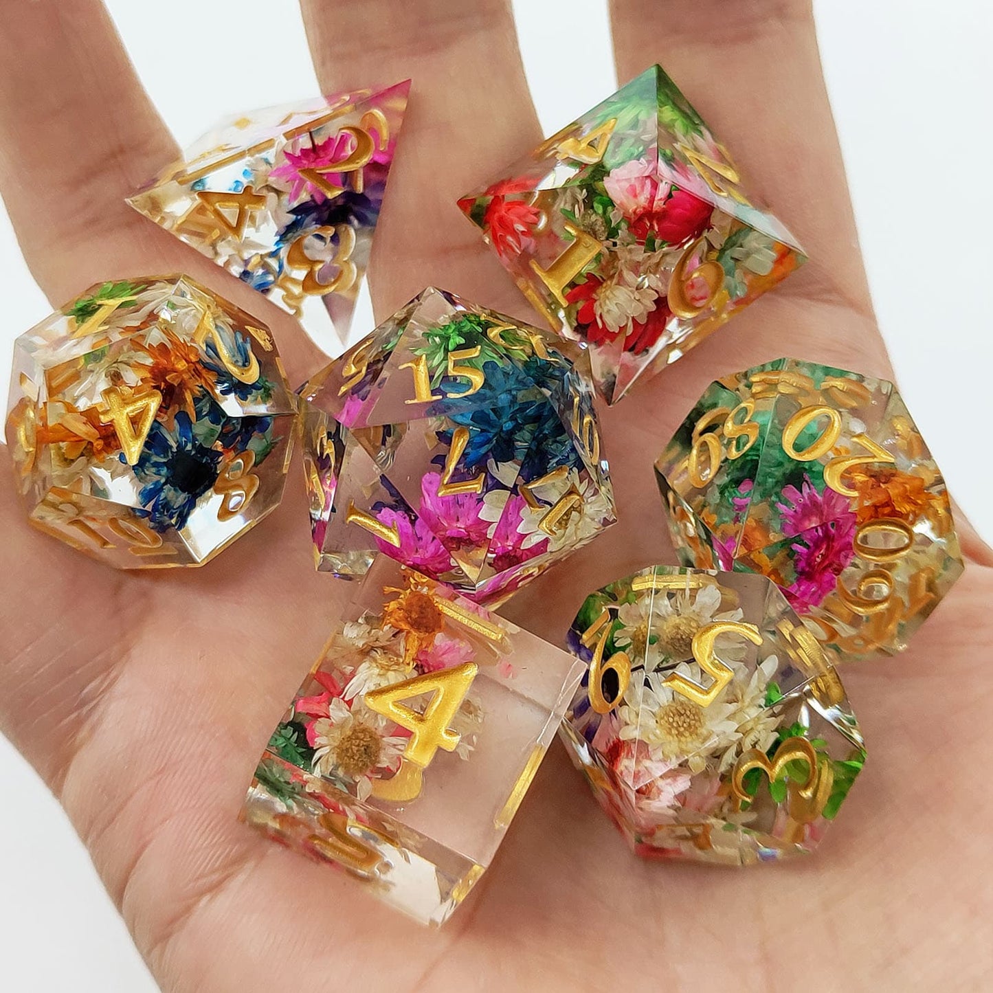 Resin Dice Colorful Transparent Floral Polyhedral DnD D&D Dice Set