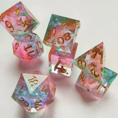 Resin Dice Transparent Two-Tone Pink/Blue Dice with Iridescent Coating and Sharp Edges DnD D&D Dice Set