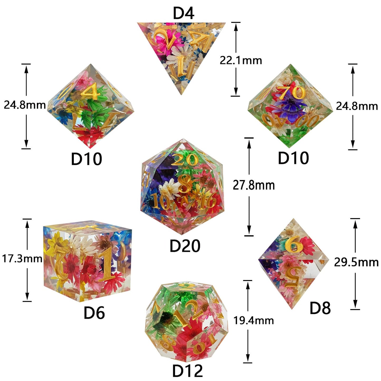 Resin Dice Colorful Transparent Floral Polyhedral DnD D&D Dice Set