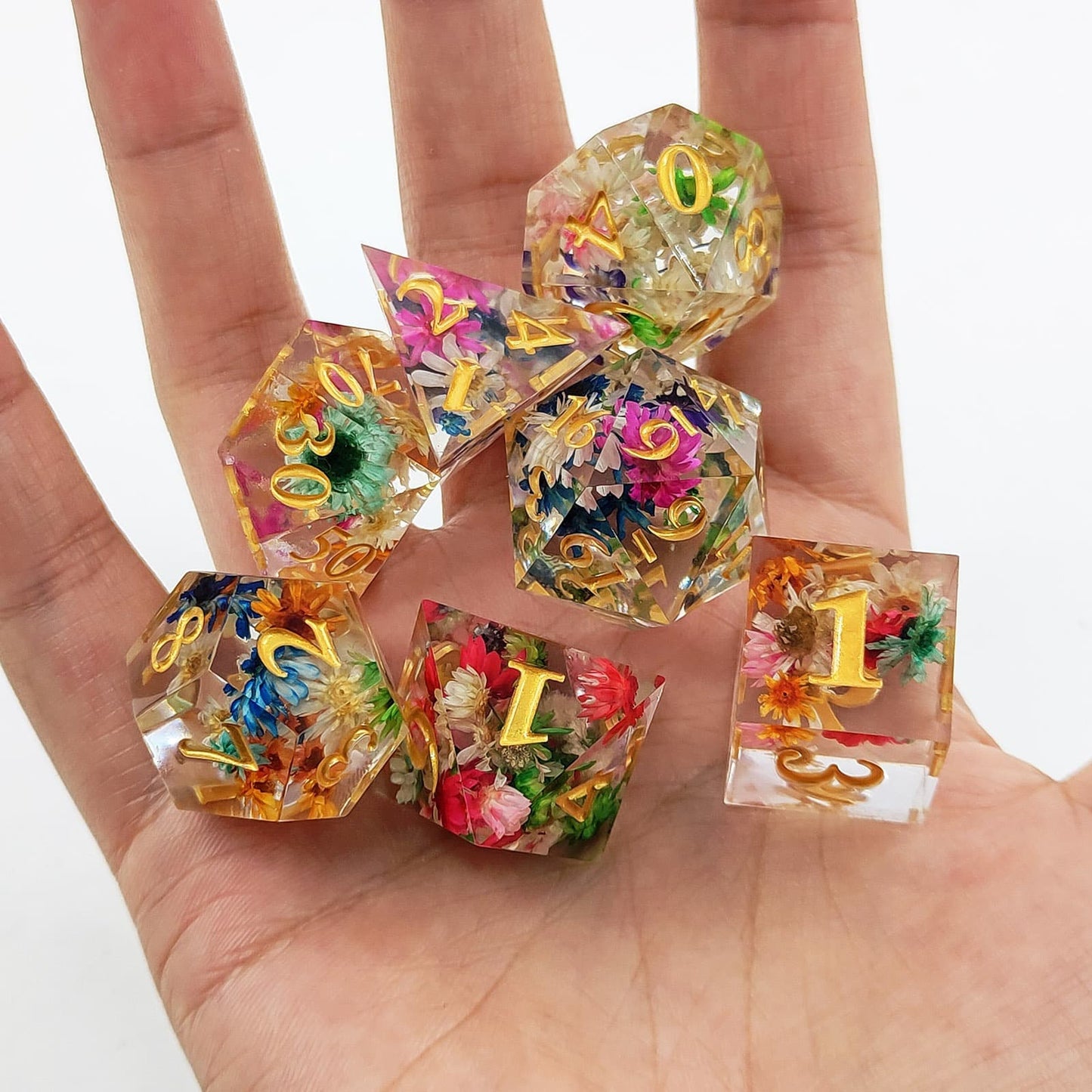 Resin Dice Colorful Transparent Floral Polyhedral DnD D&D Dice Set