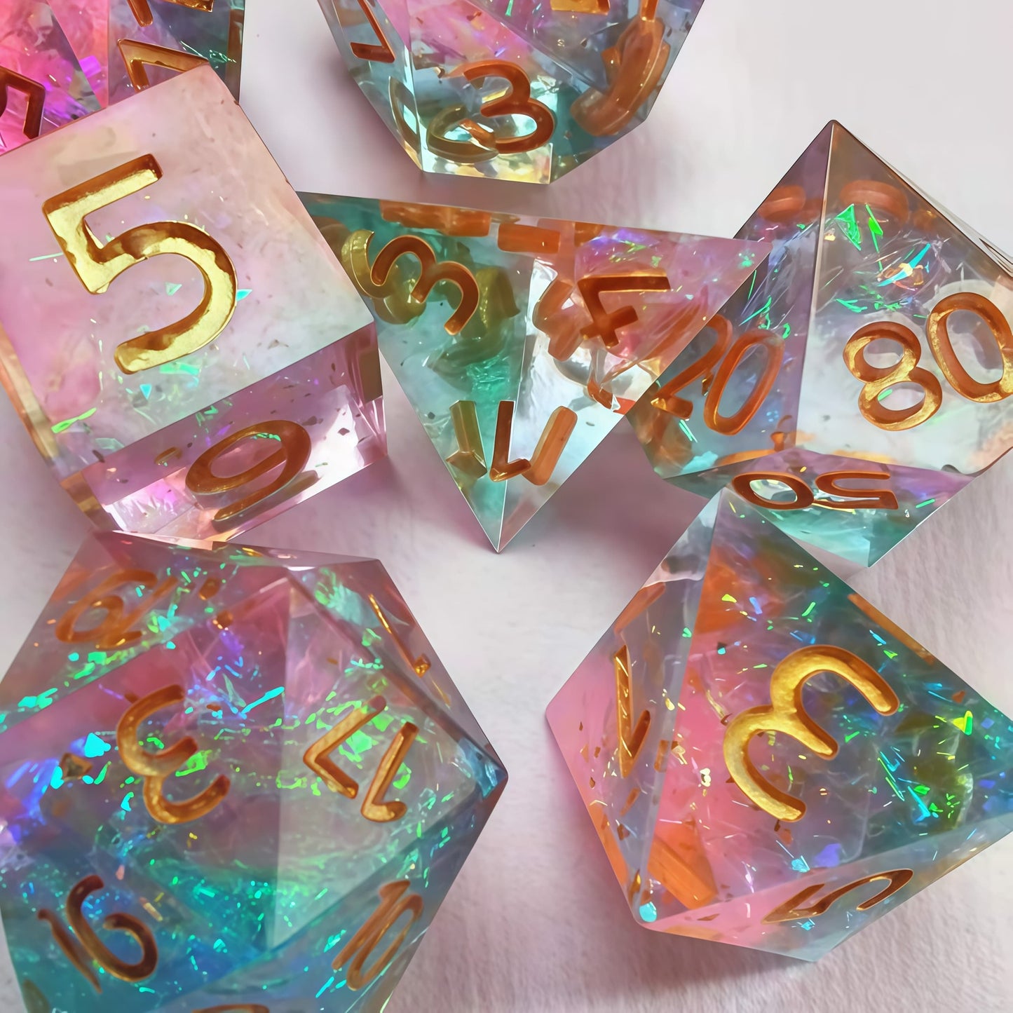 Resin Dice Transparent Two-Tone Pink/Blue Dice with Iridescent Coating and Sharp Edges DnD D&D Dice Set