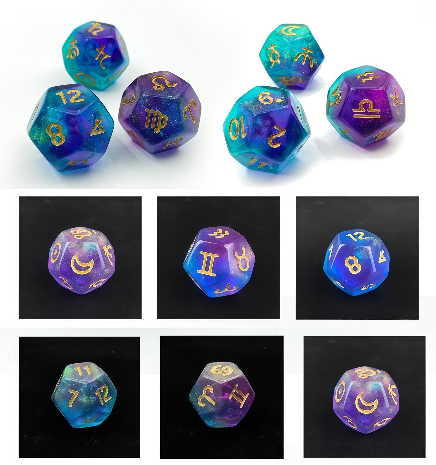 Acrylic Dice‌ Iridescent Transparent Dual-Tone 12 Zodiac Signs Dice‌ DnD D&D Dice Set