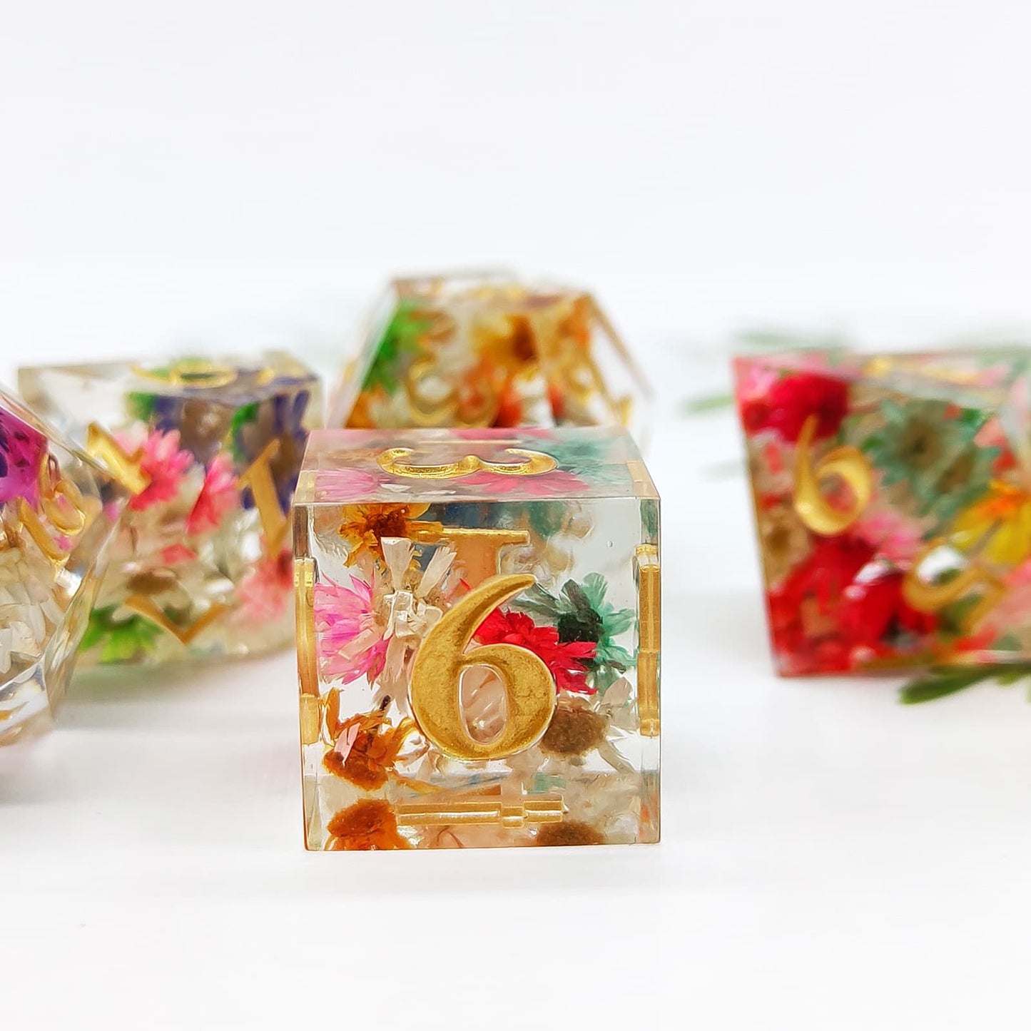 Resin Dice Colorful Transparent Floral Polyhedral DnD D&D Dice Set