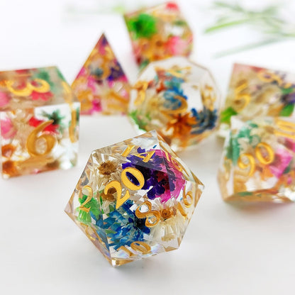 Resin Dice Colorful Transparent Floral Polyhedral DnD D&D Dice Set