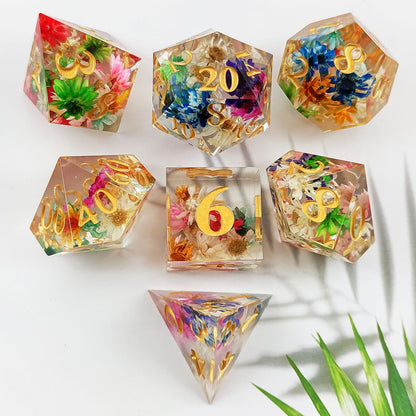 Resin Dice Colorful Transparent Floral Polyhedral DnD D&D Dice Set