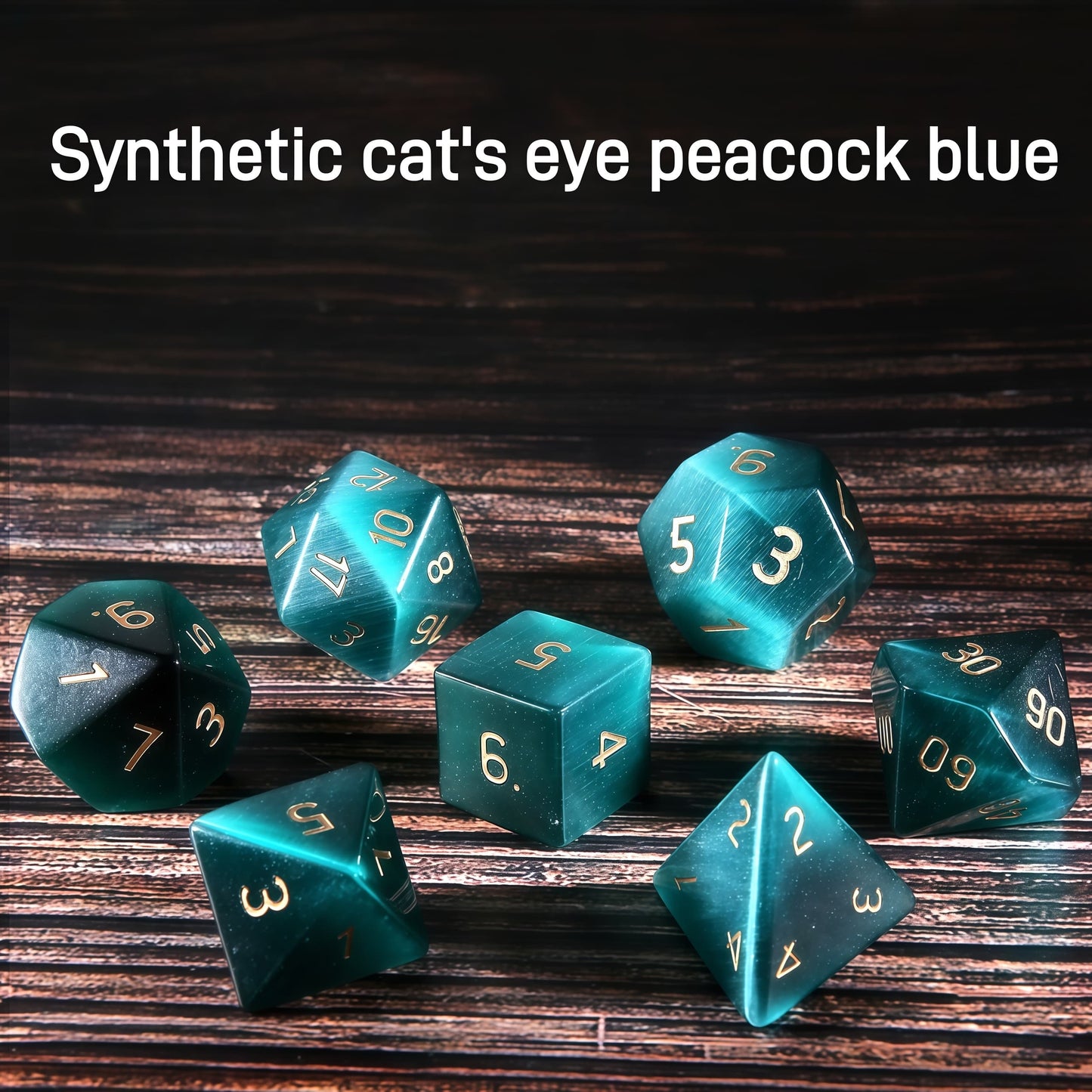 Synthetic Cat Eye Stone Peacock Blue D&D Dice