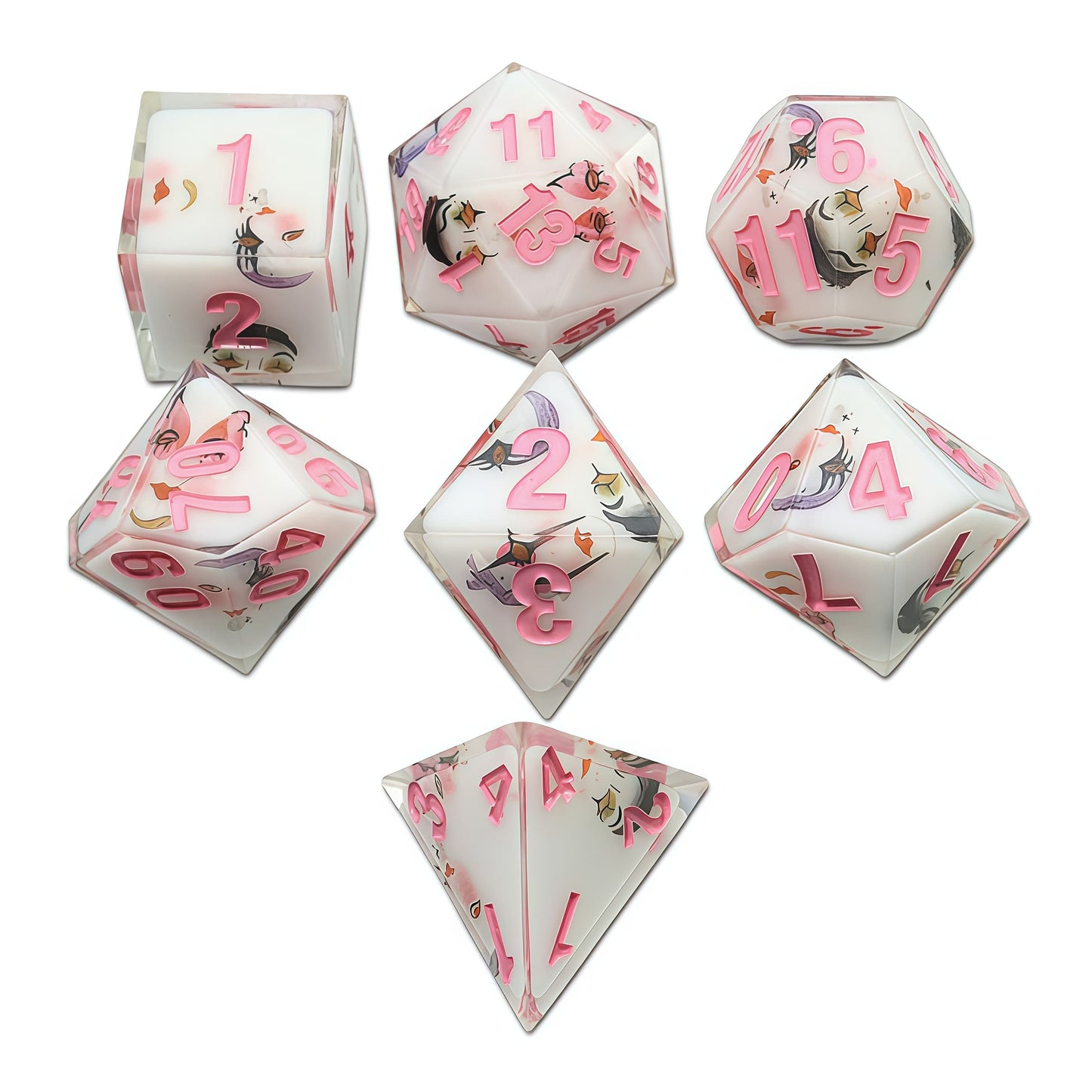 Resin Dice Cartoonish Multicolored Printed DnD D&D Dice Set