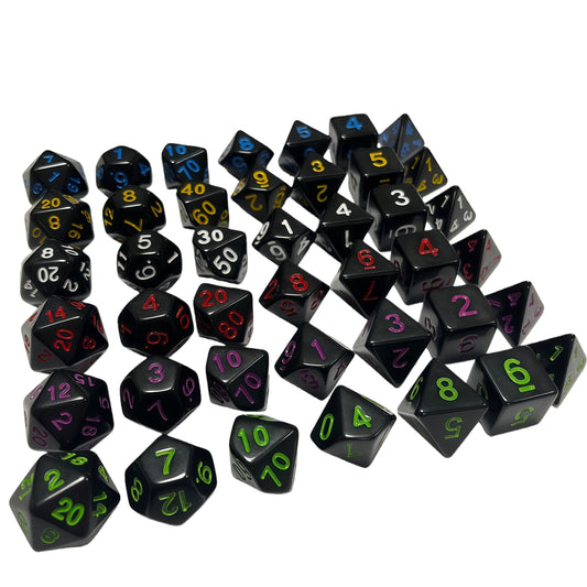 Acrylic Dice Solid Black with Colorful Inked Polyhedral DnD D&D Dice Set